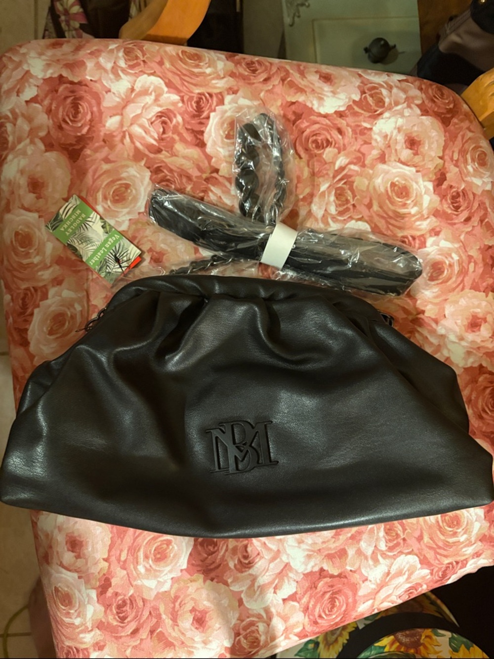 Badgley Mischka Black Leather Logo Pouch with Red Tag